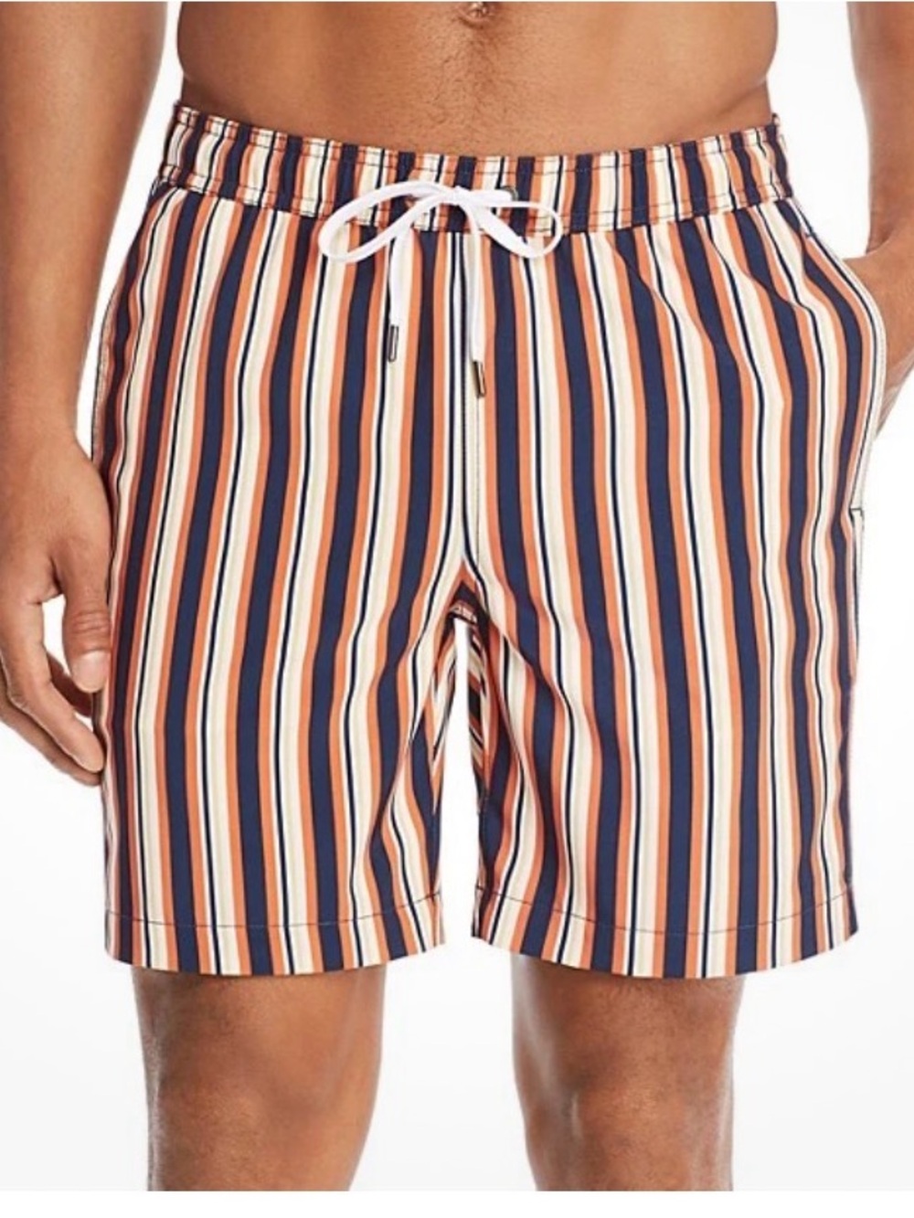 Onia Navy, Orange & White Vertical Stripe Swim Trunks